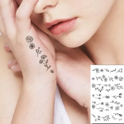 Temporary Tattoo Stickers Black Flowers Geometry Totem Cartoon Pattern Fake Tattoos Waterproof Tatoos Finger Small Size Women