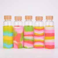 【YP】 Factory direct 500ml fruit glass with silicone sleeve multi-color heat insulation bamboo cup lid single-layer water