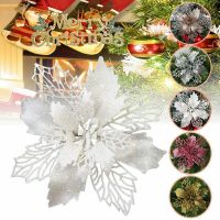 12Pc 12Pc Christmas Poinsettia Glitter Flower Tree Hanging Xmas Party Decoration