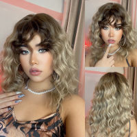 LOUIS FERRE Curly Synthetic Wigs for White Women Medium Length Ombre Brown Blonde Wigs with Bangs High Temperature Cosplay Hair