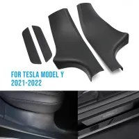 ABS แผ่นกันแถบติดขอบประตูหลัง,ฝาครอบชายบันไดสำหรับ Tesla รุ่น Y 2021 + ธรณีประตูรถยนต์แถบติดขอบประตูแถบป้องกันคันเหยียบสติ๊กเกอร์ตกแต่ง