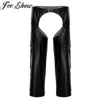 ผู้ชาย wetlook หนัง crotchless Chaps Wild West คาวบอยเครื่องแต่งกายเซ็กซี่ Fringe buckled เปิด crotch o หลวมกางเกงขายาว Club สวมใส่ได้ทั้งชิ้น