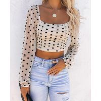 Fashion Womens New Sexy Mesh Polka Dot Exposed Navel Tops Long-Sleeve Square Collar Short Tops