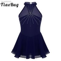 ﹍ TiaoBug Kids Girls Sleeveless Shiny Rhinestones Mesh Splice Gymnastics Leotard Figure Skating Ballet Dress Performance Dancewear