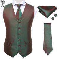 Hi-Tie Silk Mens Vests Green Red Plaids 4PC Jacquard Waistcoat Men Necktie Hanky Cufflinks Set for Dress Suit Weddding Business