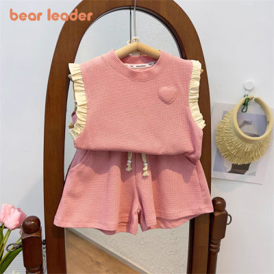 Bear Leader 2023ชุดเสื้อผ้าน่ารักสำหรับเด็กผู้หญิง2-7ปี,เสื้อแขนกุดรูปหัวใจลูกไม้แขนกุด + กางเกงขาสั้นสองชิ้นผูกเชือกสำหรับฤดูร้อน