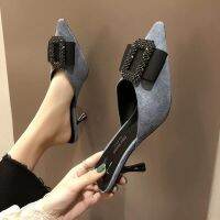 Fairy slippers autumn 2021 Korean version water diamond metal all-match high-heeled shoes late night wind lazy Muller shoes womens shoes