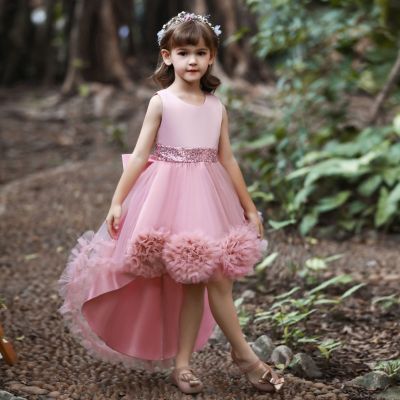 Childrens Princess Dress Show Dress Kids Mesh Flower Fluffy Dress Trail Piano Performance Skirt (53)