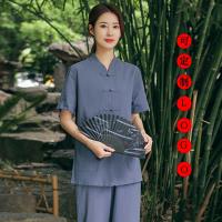 【Ready】? Zen Layman Clothes Female Buddhist Temple Hanging Order Worship Buddha Practice Bigu Meditation Clothes Summer Short-sleeved Cotton Linen Suit