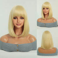 [COD]Blonde Wig short human hair ใหม่วิกผมสั้นผู้หญิงผมหน้าม้าสีทอง