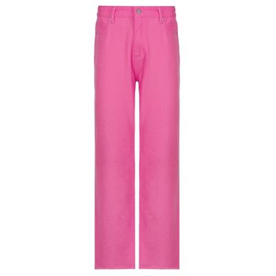 กางเกงยีนส์เอวสูงสไตล์วินเทจสำหรับผู้หญิง,กางเกงขายาวทรงหลวมขาตรงสีพื้นแบบฮาราจูกุสดใส