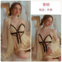 2023 Hot Sexy V-Neck Butterfly Plus Chest Pad Mesh Stitching Lace See-Through Nightdress Outerwear Gown Homewear Suit 3262