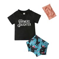 [COD] and children European summer style short-sleeved letter T-shirt top cartoon print hairband 3-piece childrens