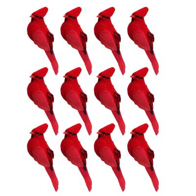 12Pcs Clip-on Artificial Red Cardinals Christmas Ornaments Feathered Bird Xmas