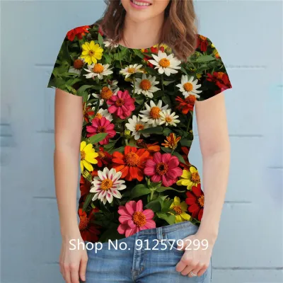 เสื้อยืดลายดอกไม้แฟชั่นของผู้หญิง3D เสื้อยืดพิมพ์ภาพแขนสั้นเสื้อลำลองคอกลมเข้ารูป