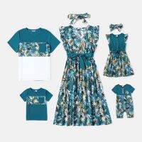 【hot】✲❆  Matching 95  Cotton Colorblock T-shirts and Allover Print Flutter-sleeve Belted Dresses Sets