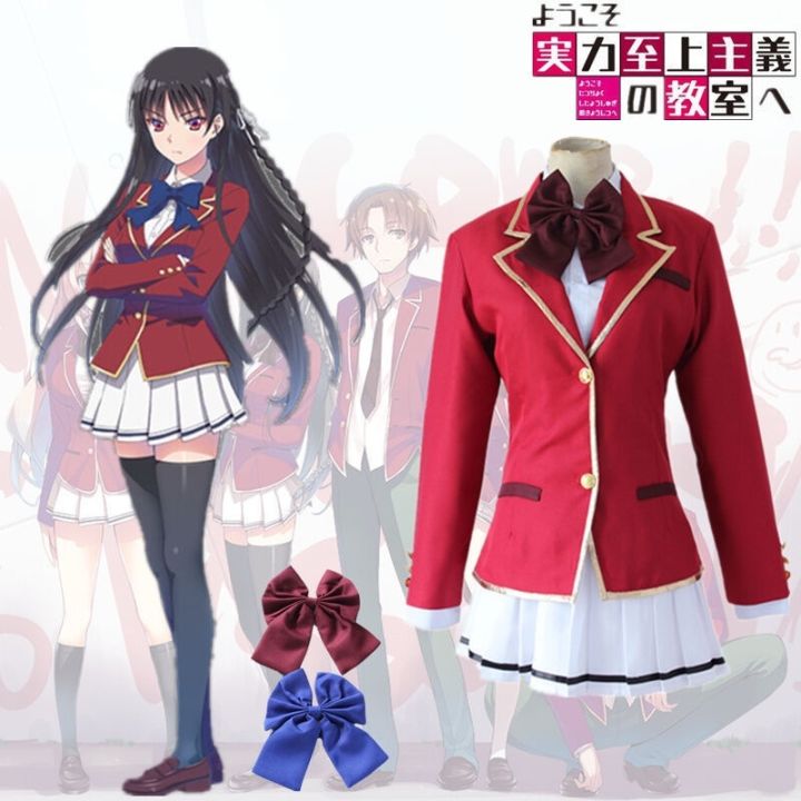 anime-classroom-of-the-elite-horikita-suzune-cosplay-costume-long-wig-school-jk-red-uniform-2-bows-skirt-set-girls-women