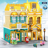 Nordic City Street View สไตล์ยุโรป Cafe House ร้านหนังสือ Building Block พร้อมชุดไฟประกอบปริศนาของเล่นสำหรับเด็ก Gift