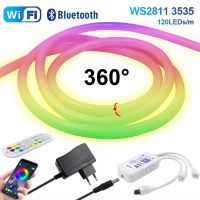 หลอดไฟปริญญารอบ360สีเต็มสำหรับบลูทูธควบคุม Tuya WS2811แถบไฟ LED DC 24V ขนาดเส้นผ่าศูนย์กลาง10มม. แถบนีออน