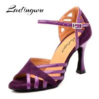 Ladingwu Latin Dance Shoes Women Suede And PU New Purple Salsa Party Ballroom Dance Shoes Cuba Heel 9Cm Ladies Sneaker Dance