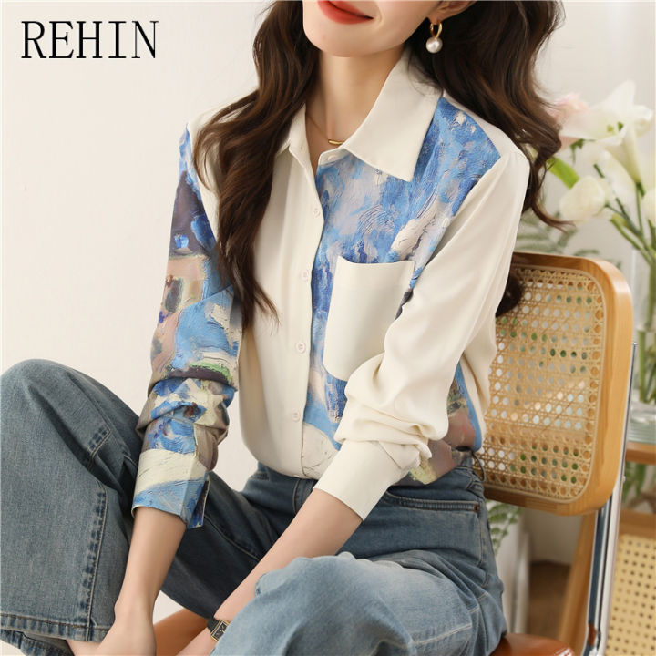 rehin-เสื้อแขนยาวผู้หญิง-เสื้อสไตล์เกาหลีแบบใหม่คอปกทรงหลวมเสื้อหรูหราพิมพ์ลายชิค