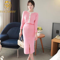 2020 Korean Knitted 2 Piece Skirt Sets Outfits Women O-neck Tops + Buttons Splitting Pencil Skirt Suits Elegant Office 2 Pcs Set