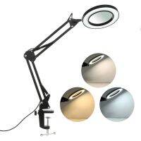 Clamp-on Table Lamp with 8x Magnifier Swing Arm Dimmable LEDs Desk Light 3 Color Modes 10 Brightness Levels Working Light