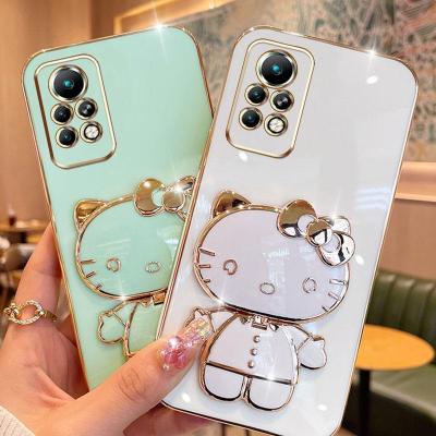 Folding Makeup Mirror Phone Case For Infinix Note 11 Pro Note 11S X697 X698  Case Fashion Cartoon Cute Cat Multifunctional Bracket Plating TPU Soft Cover Casing