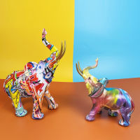 Graffiti elephant crafts, elephant statue ornaments, colorful resin pattern animals, bookshelves, desktop splash art statues.