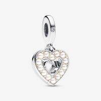 Pearlescent White Heart Mum Double Dangle Charm 925 Sterling Silver Women Fashion DIY Jewelry