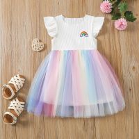 FOCUSNORM 0-4Y Summer Lovely Baby Girls Dress Ruffles Fly Sleeve Rainbow Knit Patchwork Colorful Lace Tutu Dress  by Hs2023