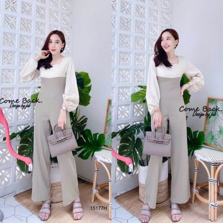 tw15177-jumpsuit-จั้มสูทขายาวแขนพองสีทูโทน