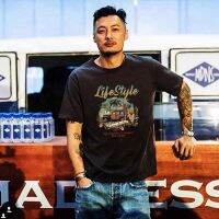 Shawn Yue Guochao เสื้อยืดแขนสั้นฤดูร้อนจดหมายพิมพ์ผ้าฝ้ายหลวมสบายๆชายครึ่งแขนคู่น้ำ