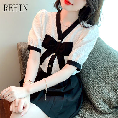 REHIN เสื้อคอวีแขนพองสำหรับผู้หญิง,เสื้อแขนสั้นผ้าชีฟองดีไซน์เฉพาะสำหรับสไตล์เกาหลีแบบใหม่ฤดูร้อน