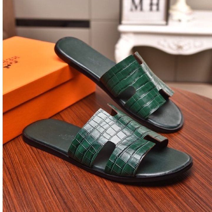 【Ready Stock Oversea】 Hermes Darkgreen/Black Genuine Leather Sandals ...