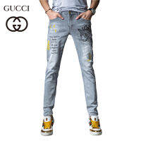 【 Stock】Original ผ้าลายเซ็น Guccis ฤดูใบไม้ผลิและชายฤดูร้อนฝ้ายเอวสูงผ้ากางเกงยีนส์สุภาพบุรุษแฟชั่นพิมพ์คลาสสิคกางเกงยีนส์ตรงชาย Denim กางเกงกางเกง