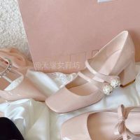 Miu style nude high heeled Mary Jane miu miuˉshoes women 2022 new genuine leather French square toe rhinestone pearl block heeled single shoes