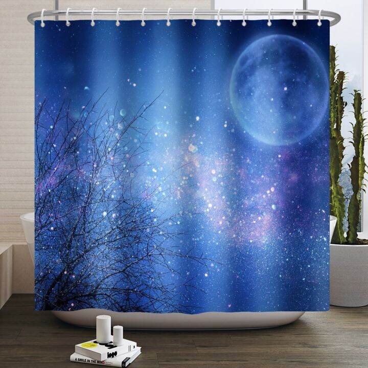 starry-sky-shower-curtain-forest-moon-bathroom-curtain-waterproof-fabric-mountain-river-night-landscape-bathtub-screen-180x200