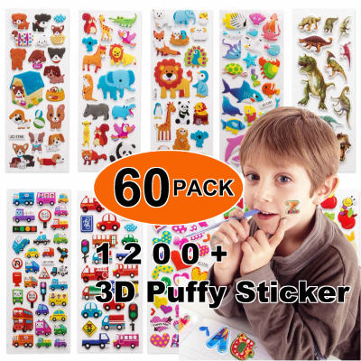 60pcs Different 3D Puffy Bulk Cartoon Animals Kids Stickers Waterproof PVC Scrapbooking Girl Boy Cartoon DIY Reward Gift Sticker