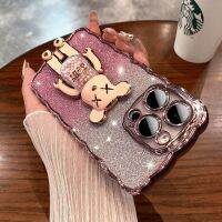 （HOT) เหมาะสำหรับขายึดหมีชุบด้วยไฟฟ้าแบรนด์แฟชั่น 14Pro เคสมือถือแบบหุ้มทั้งเครื่อง Apple 14 กลิตเตอร์ลายคลื่น