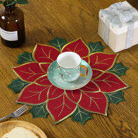 [Fancytoy] ผ้าลินินและฟองน้ำ Poinsettia เสื่อใบต้นฮอลลิผ้าปูโต๊ะคริสต์มาส Placemat คู่ชั้น Applique และเย็บปักถักร้อยด้วยเลื่อมกันลวกแผ่นรองป้องกันความร้อนคริสต์มาส