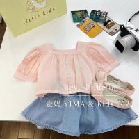 Spot parcel post Girls summer suits 2023 New Western Style Little Girl Square Collar Baby Shirt Denim Skirt Two-Piece Suit Fashion