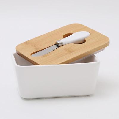 กล่องเนย Nordic กล่องปิดผนึกกับฝาไม้จานอาหารเซรามิคเครื่องมือถาดใส่ชีสแผ่นห้องครัวกล่องเก็บของ