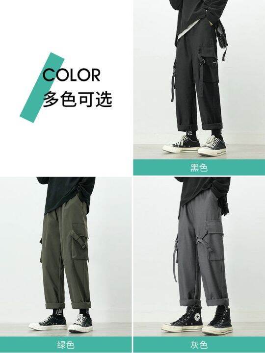 japanese-overalls-mens-summer-trend-loose-straight-casual-trousers-multi-pocket-cropped-black-mens-pants