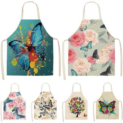 Butterfly Printed Pattern Kitchen Aprons Cotton Linen 53*65cm For Women Home Cooking Cleaning Baking Waist Bibs Pinafore A1016
