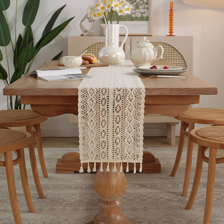 hot-ผ้าคาดโต๊ะฝรั่งเศส-โต๊ะกาแฟ-โต๊ะทีวี-ผ้าคลุมตกแต่ง-ผ้าปูโต๊ะยาว-ผ้าคาดโต๊ะทอแบบกลวงในสต็อก