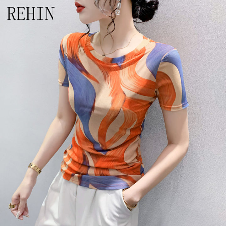 rehin-เสื้อยืดผู้หญิง-เสื้อยืดตาข่ายฤดูร้อนแฟชั่นใหม่พิมพ์ลายสีไม่ซ้ำใครเสื้อยืดคอกลมบางเฉียบสง่างามเสื้อกล้ามทันสมัย