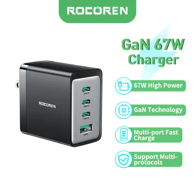 หัวชาร์จเร็ว Rocoren 67W GaN Charger Quick Charge 4.0 3.0 Type C PD USB Charger with QC 4.0 3.0 Portable Fast Charger For Laptop iPhone 15 14 13 Pro Max Samsung Galaxy S23 S22 Ultra