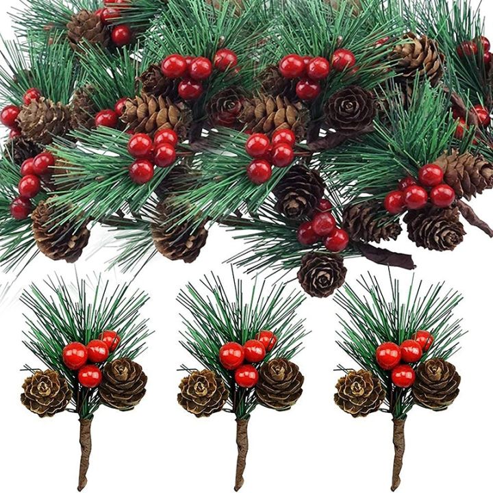 cw-10pcssimulationneedlespinebell-pinecone-fauxartificialholly-branches-xmas-decor