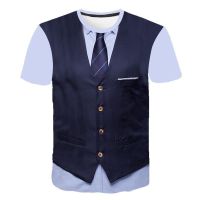 ผู้ชายแขนสั้น Tuxedo เนคไทสีชมพูตลก3D เสื้อยืดพิมพ์ลายฤดูร้อน Tees